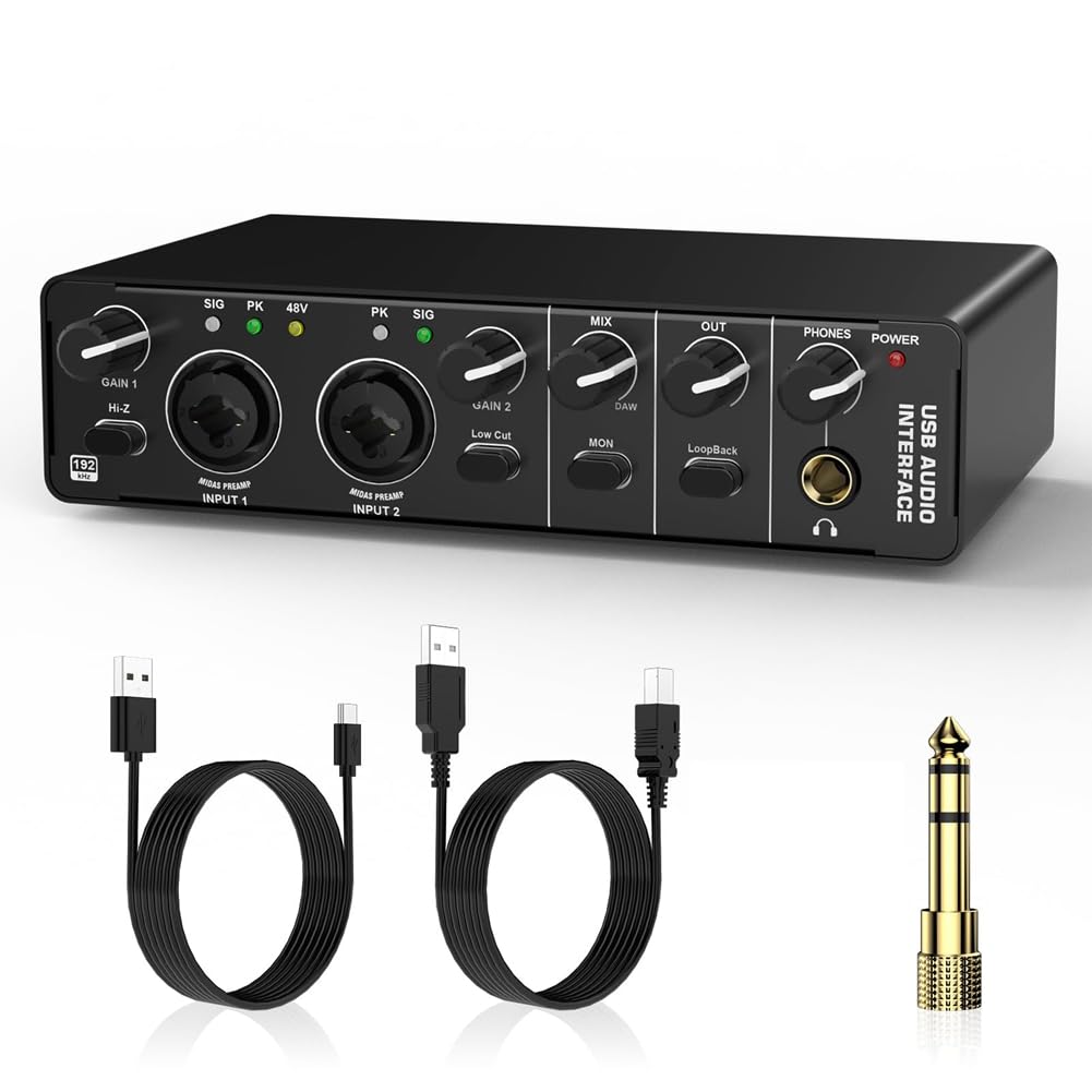 Interfaz de Audio USB, Interfaz de Audio 2 en 2 Salidas con Alimentación Fantasma de 48 V para Grabación, para Guitarrista, Vocalista y Podcaster