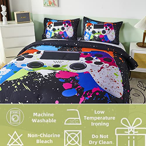 Rynghipy 3D Gamepad Gamer Bedding Comforter Sets, Tie Dye Splatter And Splotches Design Games Console Action Buttons Comforter Set For Gamer Room Decor (Black,Queen) #TOP2