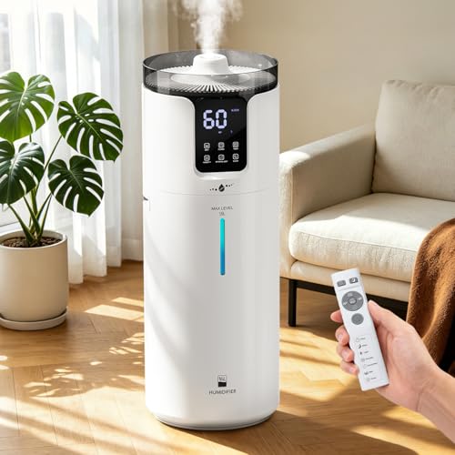 Image of Humidifier Large Room, 4.2 Gal/16L Large Humidifier for 1500 sq.ft, 360° Nozzles Cool Mist Ultrasonic, Top Fill Tower Humidifiers for Bedroom Office Plant wholehouse with Extension Tube, Night Light