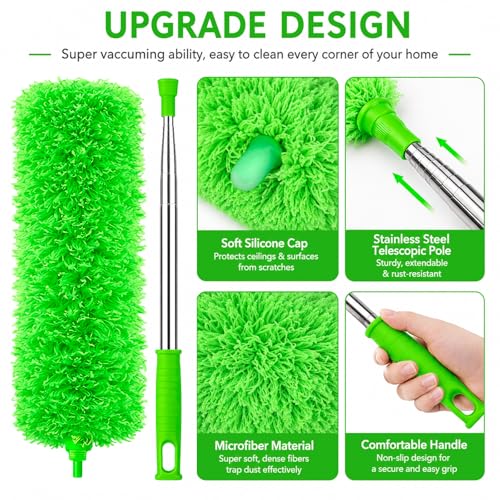 Image of AZUN Microfiber Duster for Ceiling Fans, 30-100 in Telescoping Pole, Green | Microfiber traps dust. Long duster for high ceilings. Cleans ceiling fans, blinds and cobwebs. Washable and reusable.