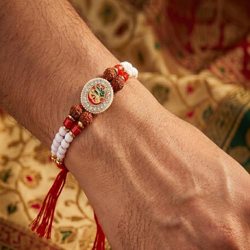Image of Peora Rakhshabandhan Thread Rakhi for Brother Bhaiya | Kundan Beads & Crystal Studded | Combo Set of 2 | Rakhi Hamper Roli Chawal & Greeting Card