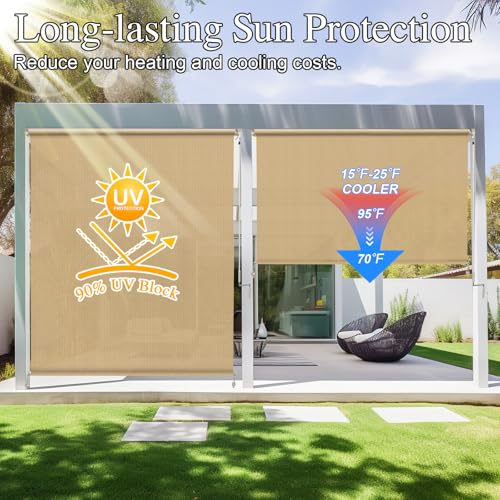 Amagenix Outdoor Roller Shades 6'(W) X 8'(H), Exterior Cordless Patio Shades Roll Up Outdoor Blinds with 90% UV Protection, Two-Section Poles with One-Piece Fabric, Sesame by Amagenix - Image 2