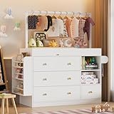 CASANOOKK Modern Changing Table Dresser,Baby Dressing Table with 4 Drawers and Storage Shelves,Multi-Functional Baby Changing Table with Drying Rack for Nursery, White