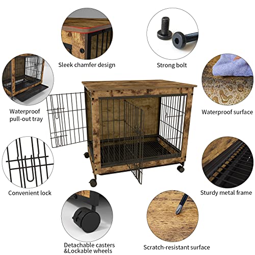 Yocan Wooden Dog Crate Furniture,30.7" Dog Crate End Table For Medium Dog,Double Doors Wire Wood Dog Kennels Indoor Dog House With Slide Tray And Lockable Wheels #TOP3