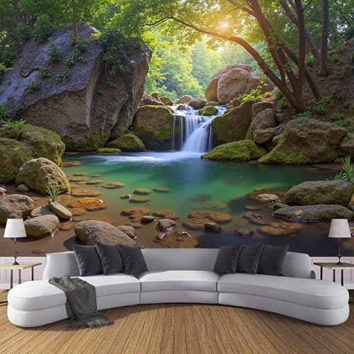 Papel Tapiz Fotográfico 3D Calcomanías De Pared, Patrones De Rocas Cascadas Sala De Estar Tv Fondo Mural,Paisaje De Bosque Natural Papel Tapiz 3D Decoración Dormitorio Mural-300 × 210 cm