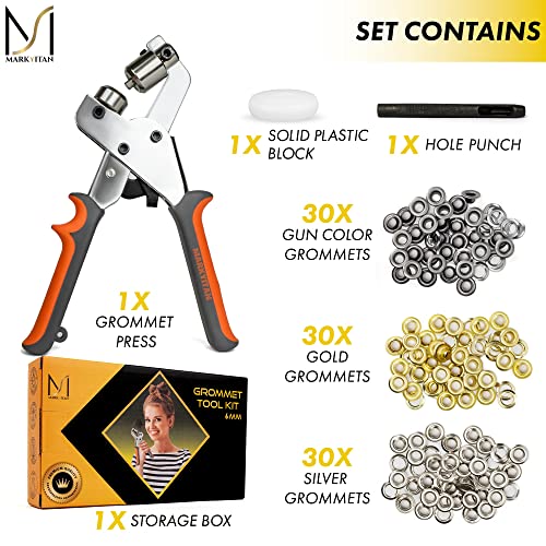 Markyitan 1/4 Inch (6Mm) Professional Grommet Tool Kit - Including 1 X Grommet Press Plier, 90 X Grommets (Silver Gold Chrome), 1 X Leather Hole Punch, 1 X Solid Plastic Block - Cardboard Gift Wrapped #TOP1