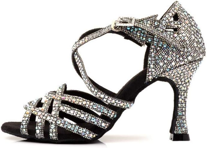 TDA Women's Flared Heel Silver Grey Synthetic Rhinestones Cut-Out Rumba Samba Tango Latin Dance Shoes Wedding Praty Sandals 8 M US