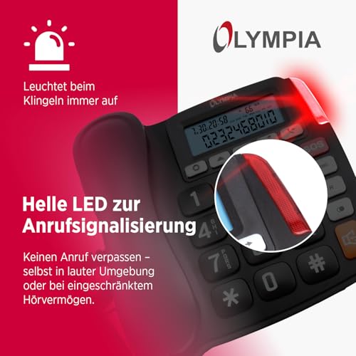 Olympia Großtastentelefon 4520 | Seniorentelefon Festnetz | mit extragroße Wahltasten | Festnetztelefon mit Schnur | hörgerätekompatibel | Senioren Telefon mit Kabel | großes LCD-Display | schwarz – Bild 6