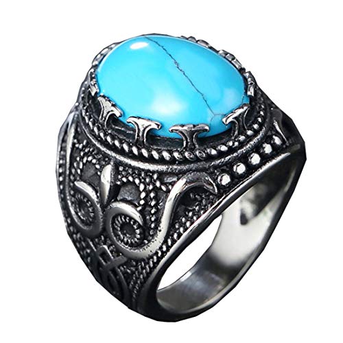 HIJONES Vintage Lusso Ovale Blu Turchese Pietre Anello da Uomo in Acciaio Inossidabile Gotico Intagliato Modello Argento Taglia 25