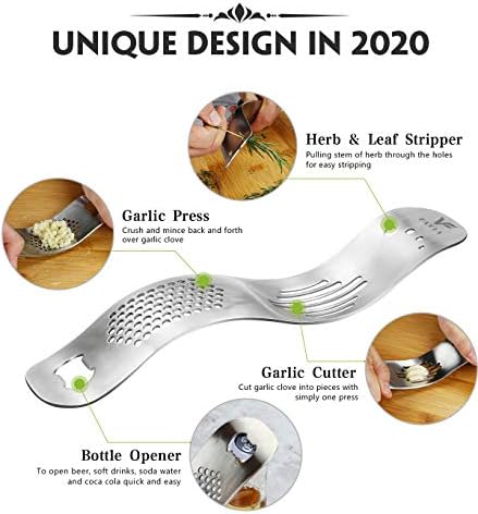 FAVIA Garlic Press Rocker 4 in 1 Stainless Steel with Garlic Crusher & Peeler, Beer Opener , Herb Stripper and Cleaning Brush - BPA Free Dishwasher Safe Cool Kitchen Gadgets (Super S)
