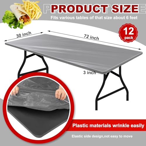 Image of Boao 12 Plastic Elastic Fitted Tablecloths, 6 Ft, 72 x 30 Inch, Gray