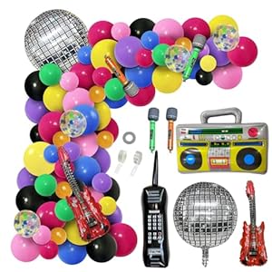 126pcs 80s 90s Theme Party Decorations, Balloon Garland Kit, 6pcs Inflatable Disco Ball Retro Mobile Phone Guitar Microphone Radio Boom Box Balloons, for Back to 80s 90s Hip Hop Party Supplies