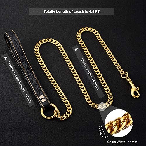 W/W Lifetime Chain Dog Leash Metal Chew Proof Leash, Leather Handle 11mm Gold 18K 4.5FT Heavy Duty Pet Leash Chain, with Padded Handle for Large Medium Small Dogs (Totally Length of 4.5FT)
