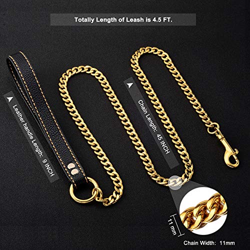 W/W Lifetime Chain Dog Leash Metal Chew Proof Leash, Leather Handle 11Mm Gold 18K 4.5Ft Heavy Duty Pet Leash Chain, With Padded Handle For Large Medium Small Dogs (Totally Length Of 4.5Ft) #TOP5