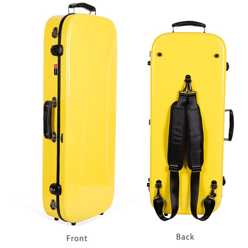 Image of Crossrock Fiberglass Mandolin Case - Oblong for F-Style (Fits Gibson F5) | Yellow Gloss Finish, Forest Green Velvet, TSA Lock, Hygrometer, Backpack Straps - Hard Shell Pro Travel Series