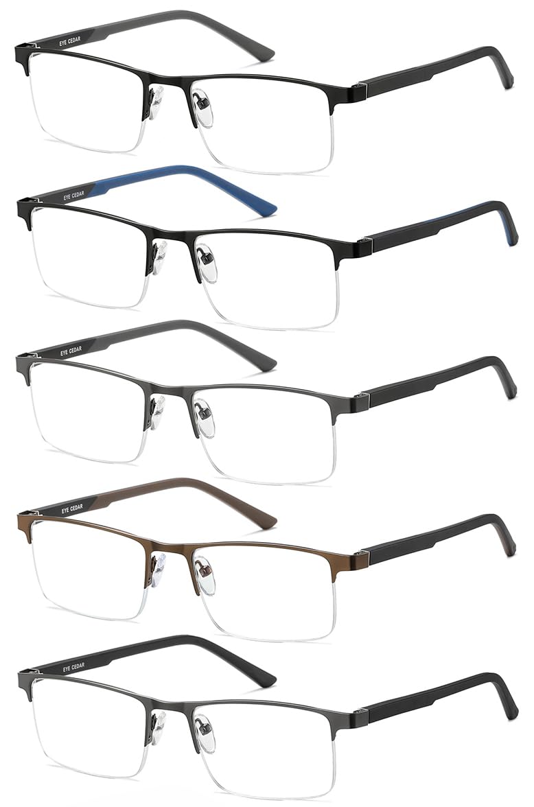 EYECEDAR 5 Pack Premium Blue Light Blocking Reading Glasses Men Metal Half Frame Spring Hinges Computer Readers for Men and Women 2.0