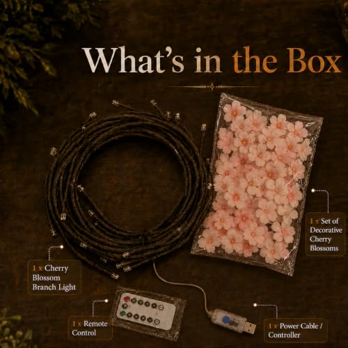 Image of One94Store Cherry Blossom LED Wall Vine Light - 72 LED Flexible Twig Branch Garland with Remote & 8 Modes, USB Powered Pink Floral Fairy Decor for Bedroom, Living Room & Christmas