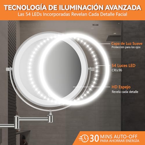 Miniatura 6 de Auxmir Espejo Maquillaje Con Luz Pared Aumento 1x 30x Recargable 3200mah Doble Cara Giratorio 360, Espejo Baño Brazo Extensible Táctil Usb, 3 Colores Brillo Regulable, Plata