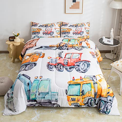 Erosebridal Kids Excavator Comforter Set Twin Size, Retro Truck Down Comforter for Boys Girls Teens, Tractor Machinery Construction Vehicle Bedding Set Crane Digger Mixer Quilted Duvet Bedro