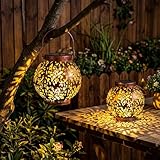 JOIEDOMI 2 Pack Outdoor Solar Hanging Lantern Lights, Waterproof Tabletop with Handle, LED Moroccan Lanterns, Metal Decorative Garden Solar Lights Spring for Patio, Lawn, Porch, Backyard