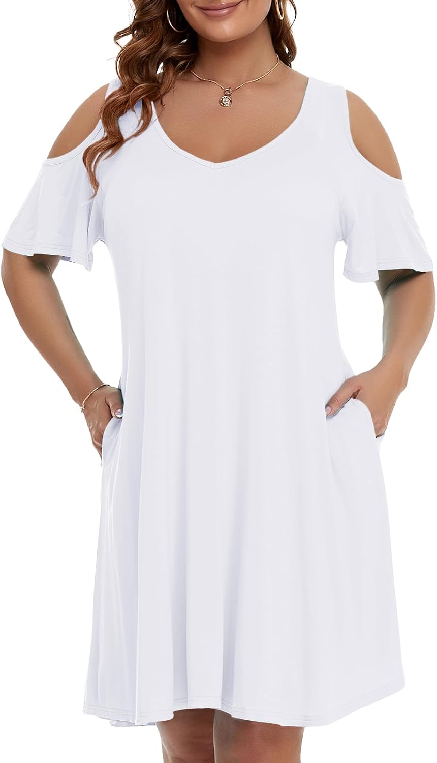 JollieLovin Womens Plus Size Short Sleeve Cold Shoulder V Neck T-Shirt Dress with Pockets