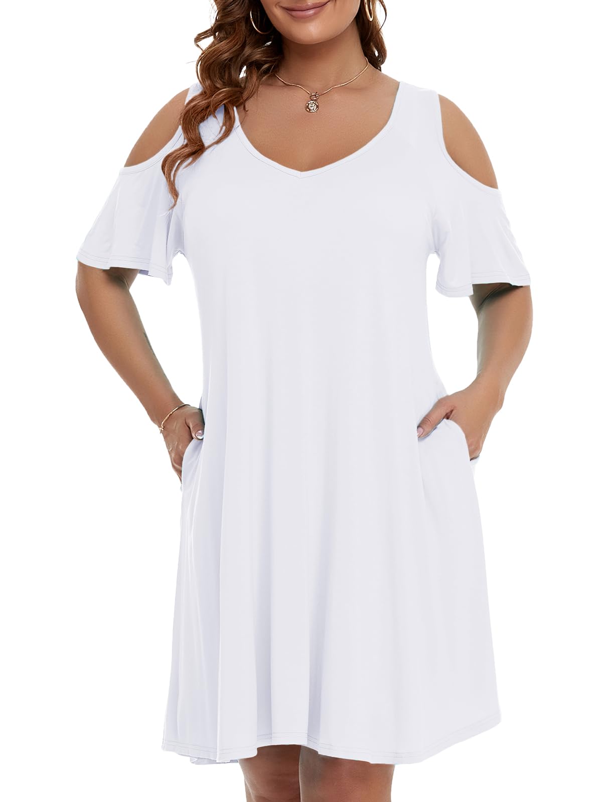 JollieLovin Womens  Large Short Sleeve Cold Shoulder V Neck T-Shirt Dress with Pockets