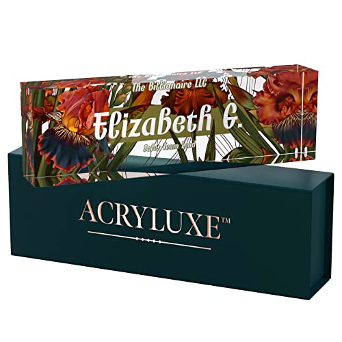 Desk Name Plate Personalized, Custom Name Plates, 2½/x8 Inches, Thick Crystal-Clear Acrylic, Gift Box, Office Desk Decor. USA Made by ACRYLUXE (Iris)