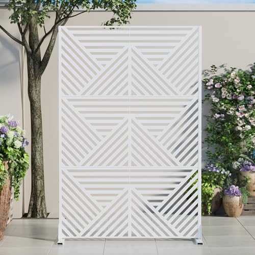 Casaphoria 72" H x 47" W Metal Outdoor Privacy Screen, Freestanding Decorative Divider for Patio, Deck, Balcony, and Garden with Stable Base, White Zodiac