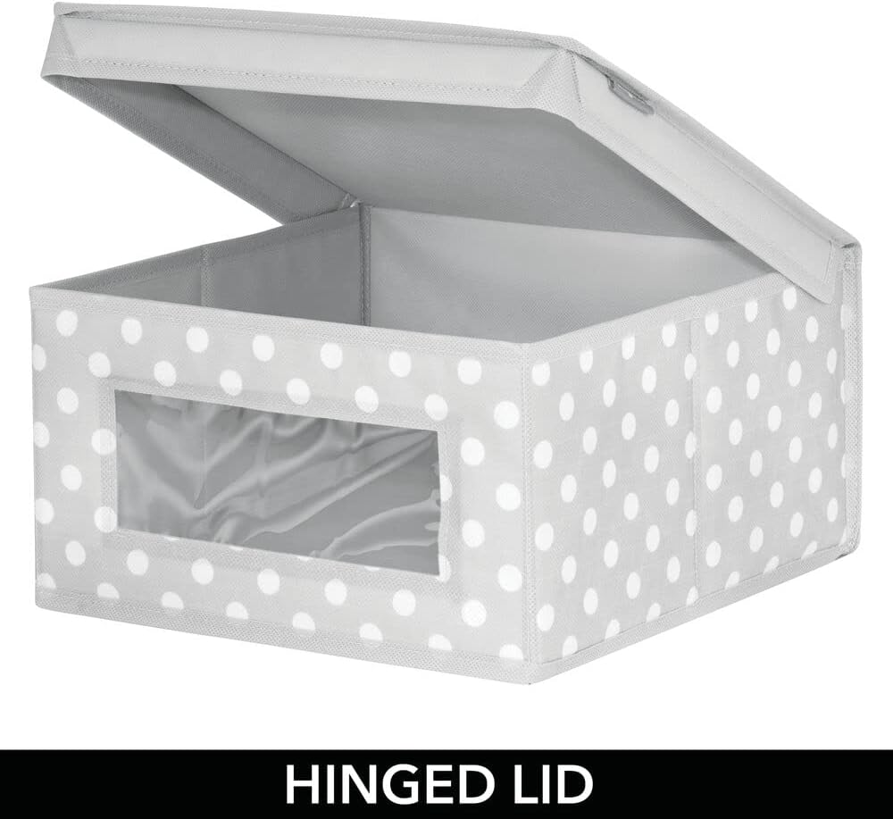 mDesign Soft Stackable Fabric Closet Storage Organizer Holder Box - Clear Window and Lid, for Child/Kids Room, Nursery, Playroom - Polka Dot Print - Medium, 6 Pack - Light Gray with White Dots