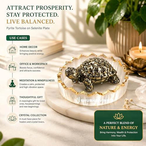 Image of Lab Certified Natural Pyrite Tortoise (Kachhua) Crystal for Wealth, Success & Vastu | Home Decor Figurine (Pyrite Tortoise with Selenite Plate)