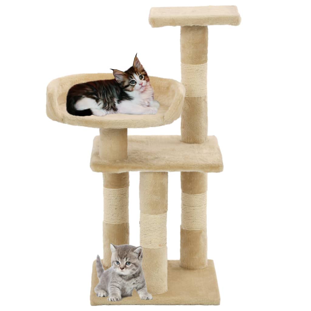 Kratzbaum 65cm Beige Kleiner Katzenkratzbaum mit Sisalstamm | Kompakter Spielplatz für das Wohnzimmer mit Aussichtsplattform, Plüsch-Ruhezone und hängendem Spielball.