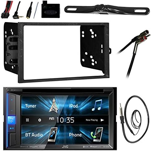 JVC KWV140BT 6.2 LCD Bluetooth CD DVD Car Stereo Receiver Bundle Combo w/ Backup Camera, Steering Wheel Controller, Dash Install Kit for Most GM Vehicles, Enrock 22 Radio Antenna with Adapter