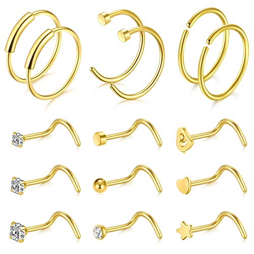 VFUN 15 Piezas 20G Acero Inoxidable Piercing Nariz Anillo Piercing Falso Piercing Labio Mujer Hombre Piercing Joyería (15 Piezas-Oro)