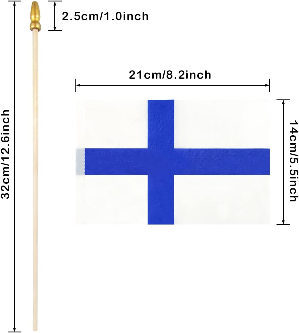 Newperlite Finland Stick Flag Finnish Small Mini Hand Held Flags - Solid Wooden Pole and Spear Top,12 Pack, 5x8 Inches image 2