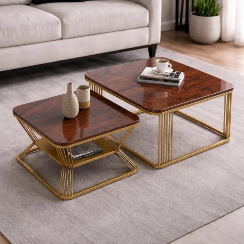 Image of Brown Art Shoppee Set of 2 Modern Coffee Tables with Marble Finish Top, Metal Frame, Nesting Center Table & End Table for Living Room Home Decor (Golden & Brown)