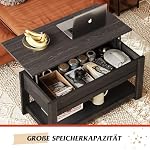 Couchtisch Höhenverstellbar und Ausziehbar, Wohnzimmertisch Holz mit Verstecktem Fach und Offenem Regal, Kaffeetisch, Holzkohle Schwarz – Bild 5