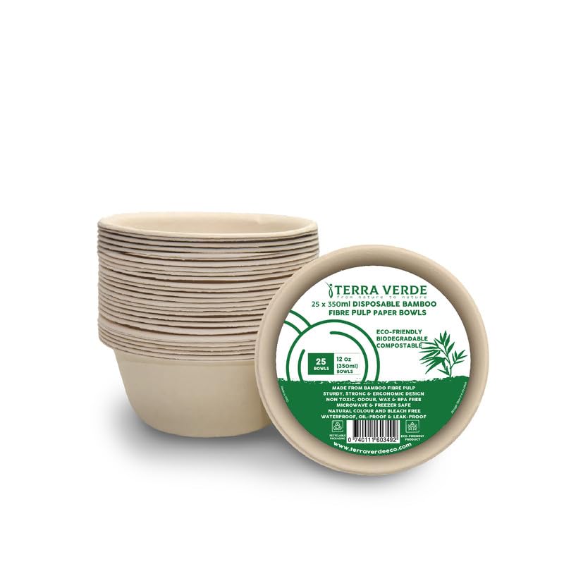 Terra Verde 25-Pack 350ml Bamboo Fibre Pulp Biodegradable Bowls, Unbleached Brown, Odour-Free, Strong, Food-Safe, Leak-Proof, Microwave-Safe Disposable Tableware for Soup, Salads, Desserts & Snacks