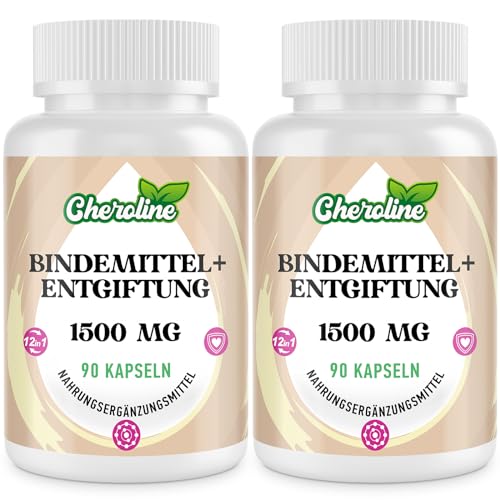 Cheroline Bindemittel Detox Kapseln 1500mg pro Portion, 12-In-1 Formel mit Aktivkohle, Probioc und Chlorella, für Darm und Leber, Natürlich & Vegan (90 Stück (2er Pack))