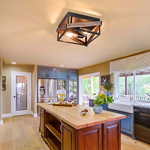 Mayna 2 Lights Rustic Ceiling Light Fixtures, Farmhouse Flush Mount Ceiling Light, Metal And Wood Square Dining Room Light Fixture For Hallway Living Room Farmhouse, Antique Bronze Finish. #TOP2