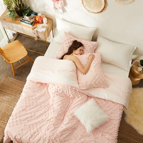 Image of Queen Comforter Set - 7 Pieces Pom Tufted Bed in a Bag Queen Bedding Set | All Season Shabby Chic Bedding, Queen Bed Set with Comforter, Sheets, Pillowcases & Shams, Pink