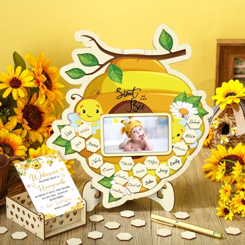 Image of Wenqik 63 Pcs Bee Baby Shower Guest Book Alternatives Set Baby Shower Decorations with Photo Frame Sonogram Frame Keepsake 60 Wood Slices Guest Book for Birthday