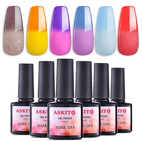 Color Changing Gel Nail Polish Set Spring Summer Mood Nail Polish for Starter and Professional 6 Colors Pink Red Blue Yellow Purple Brown Manicure Kit for Valentine’s Day Girlfriend Gift