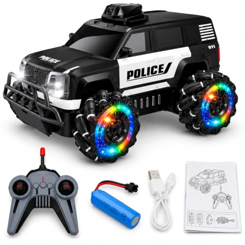 Image of 1:12 RC Police Stunt Drift Car with Camera, 2.4GHz Remote Control Car, LED Lights, Spray Mist, 360 Drift Wheels, USB Rechargeable 4WD Off-Road RC Car Toy for Kids Boys & Girls Age 6+