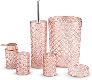 LIVIVO Stylish 6pc Bathroom & Sink Accessory Set - Modern Vanity Organiser Kit Include Tumbler, Toothbrush & Toilet Brush Holder, Lotion Dispenser, Soap Dish & Trash Bin (Rose Gold Lattice)