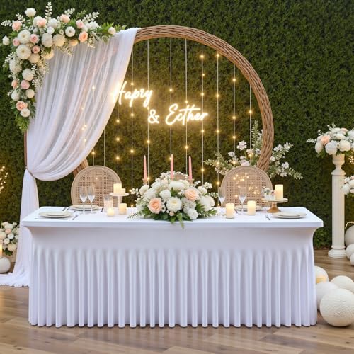 Image of 12 pk White Spandex Table Cloth Rectangle 6ft with Ruffle Skirt,Wrinkle Free High-Stretch Fitted Tablecloths for 6 Foot Rectangle Tables,Elastic Spandex Table Covers 6 ft for Parties Weddings Banquet
