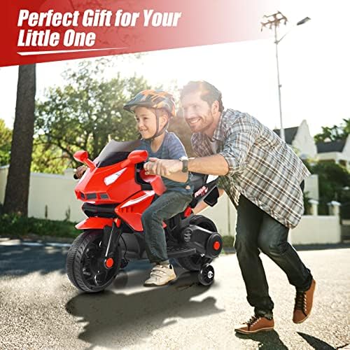 GYMAX Kids Motorbike, 6V Battery Powered Ride on Motorcycle with 2 Training Wheels, Headlights, Music, Horn, USB & Forward/Reverse, Children Electric Motor Bike for 3 Years Old + Boys Girls (Red)
