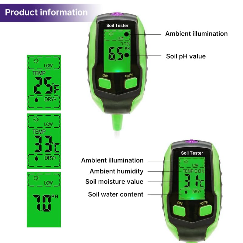 4-in-1 Soil Testing Meter, pH, Moisture, Temperature and Light Meter for Garden and Indoor Plants