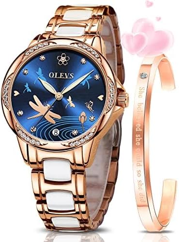 OLEVS Watches for Women Automatic Mechanical Self Winding Rose Gold Ladies Watch Diamond Dress Ceramic Bracelet Waterproof Female Wrist Watch