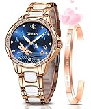 OLEVS Watches for Women Automatic Mechanical Watch Self Winding Rose Gold Diamond Stainless Steel Luminous Waterproof Dress Watch Blue Dial