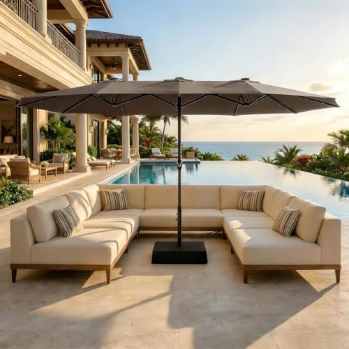 GarveeLife Large Patio Umbrella with Base Included, Double-Sided Rectangle Market Umbrella with Cross Base and Sandbag for Pool Lawn Garden (Tan) Tan 15FT-with Base